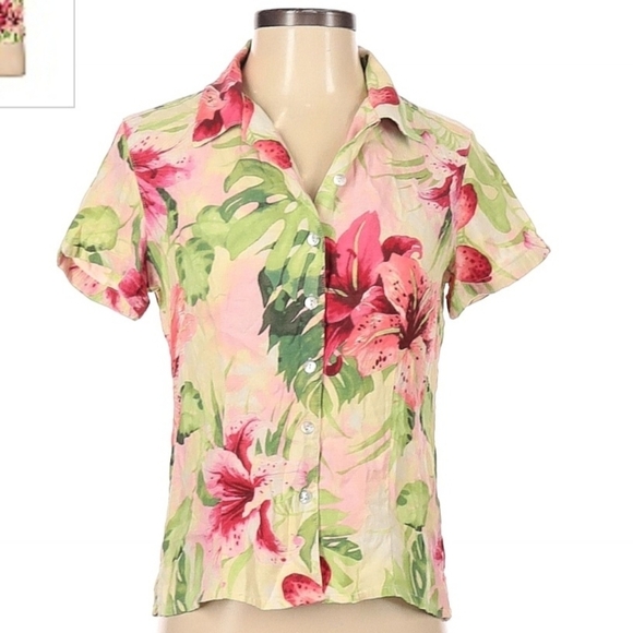 Caribbean Joe Tops - Caribbean Joe Pink Floral Button Hawaiian Shirt Women's Small Petite SP Cute EUC
